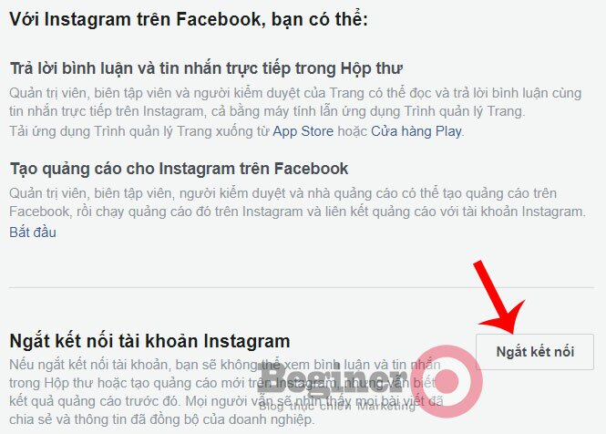 Ngắt liên kết tài khoản Instagram với Facebook và Fanpage